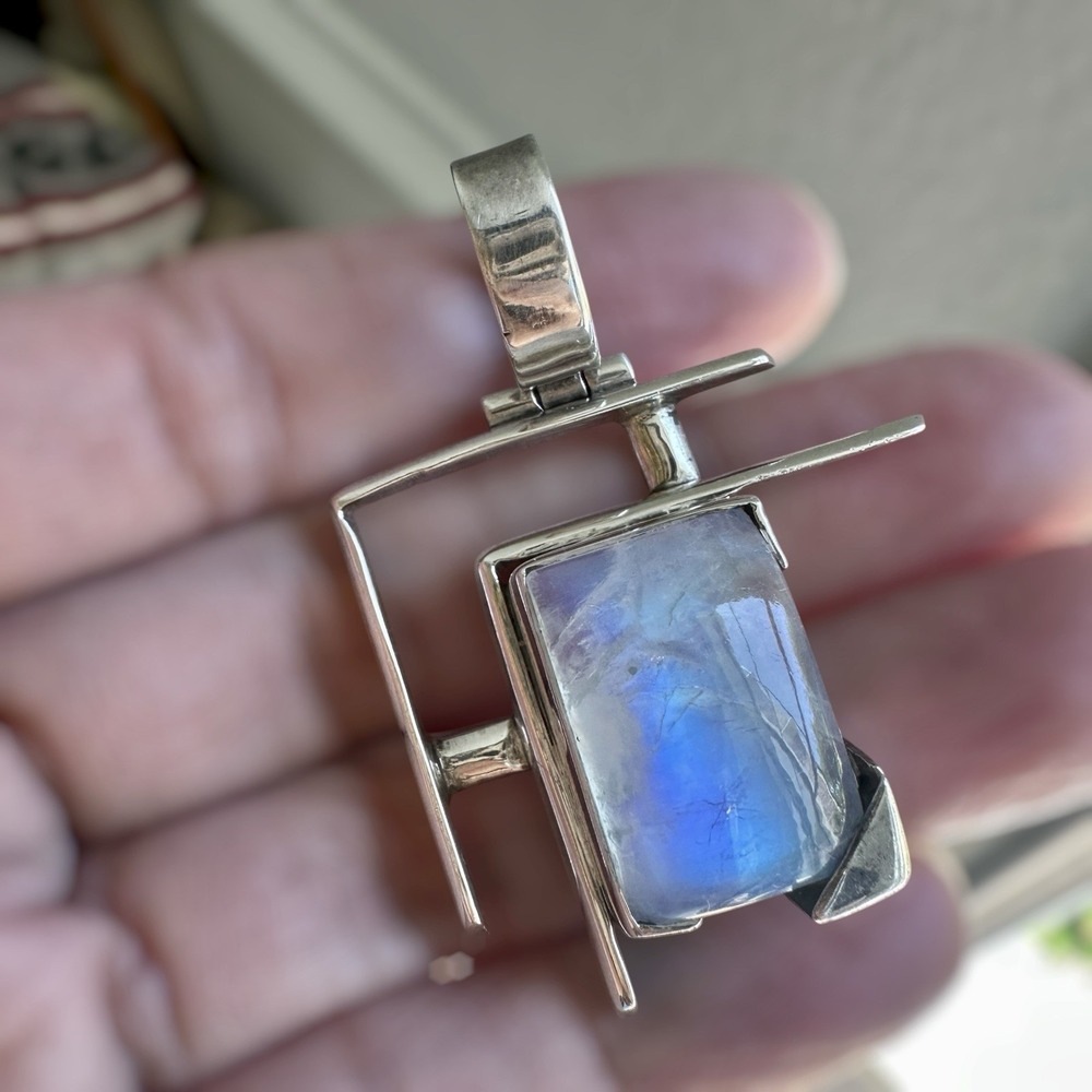 Vintage Art Deco Style Pendant 1.8 Inch Gem Moonstone Retro 925 Sterling 13.2g